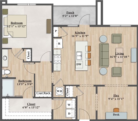 Floor plan for 1 bed, 1 bath, 1107 sqft